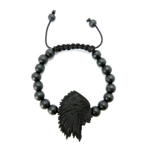 Wooden Native American Pendant Wood Bead Chain Bracelet in Black-Tone WB12BK