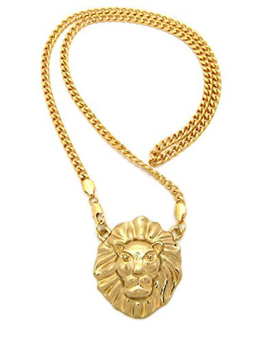 Lion Head Pendant Necklace with 5mm 24" Cuban Link Chain Necklace in Gold-Tone