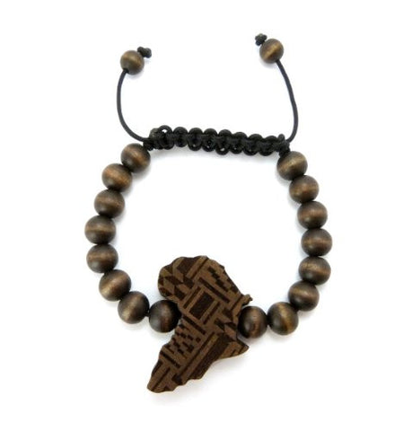 African Tribal Pattern Africa Wood Pendant & Bead Chain Bracelet
