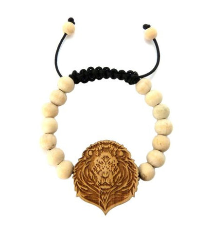 Wooden Lion Head Pendant Wood Bead Chain Bracelet in Natural-Tone WB14NL