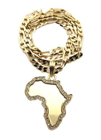 Pave Edge Africa Micro Mirror Pendant with 24" Figaro Chain Necklace - Gold-Tone MSP337G