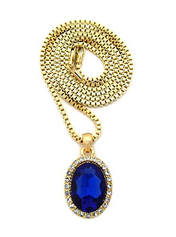 Pave Oval Faux Sapphire Stone Pendant w/ 2mm 24" Box Chain Necklace in Gold-Tone