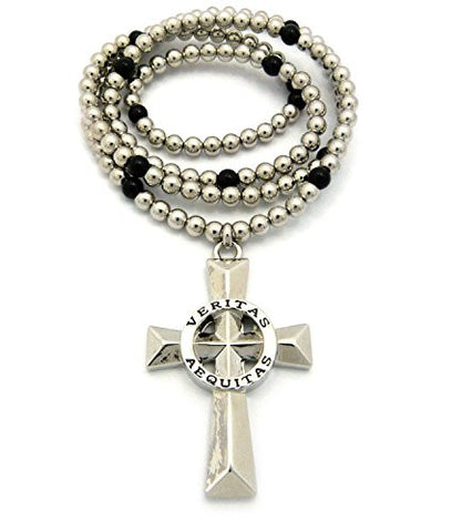 Veritas Aequitas (Truth & Justice) Cross Pendant 6mm 30" Bead Chain Necklace in Silver-Tone