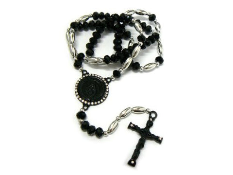 Black/Silver Tone Mother Mary w/ Crucifixion Cross 40" Rosary Chain RO36A