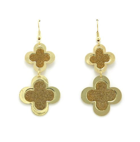 Shimmer Good Luck 4 Leaf Clover Design Drop Earrings in Gold-Tone
