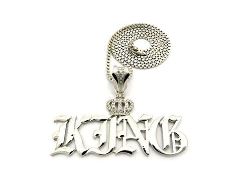 KING Pendant with Iced Out Crown 3mm 30" Box Chain Necklace in Silver-Tone