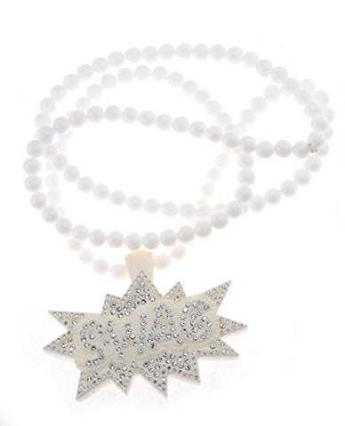 Pave SWAG Pendant 7mm 34" White Acrylic Bead Chain Necklace
