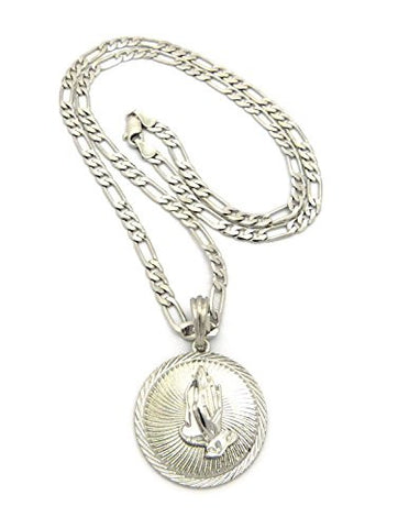 Solid Praying Hands Medallion Pendant w/ 4mm 24" Figaro Chain Necklace in Silver-Tone