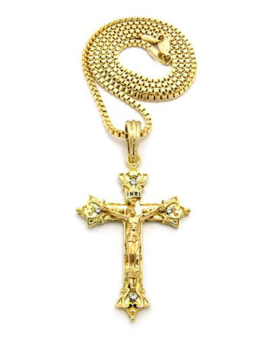 Jagged Crucifix Cross Pendant 2.5mm 24" Box Chain Necklace in Gold-Tone