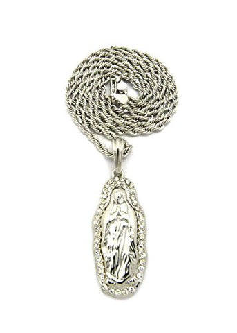 Pave Praying Jesus Pendant 3mm 24" Rope Chain Necklace in Silver-Tone