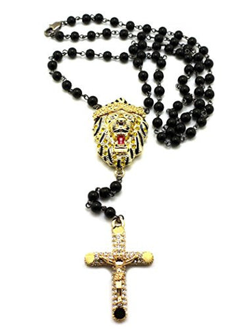 Iced Out Lion Head and Crucifix Cross Pendant with Bead Rosary Chain Necklace - Gold-Tone XC290G