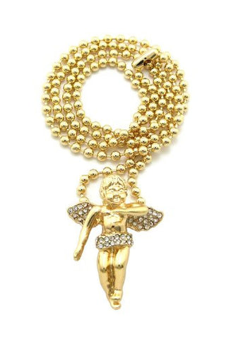 Very Rare Trendy Mini Micro Angel Pendant w/Rhinestone 3mm 27" Ball Chain Necklace Gold Color Color MMP2G