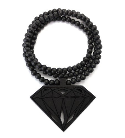 Wood Diamond Pendant 36" Wooden Bead Chain Necklace in Black-Tone WJ164BK