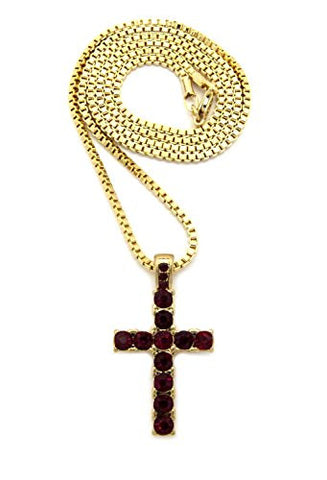 Dark Red Stone Single Row Cross Pendant 2mm 24" Box Chain Necklace in Gold-Tone