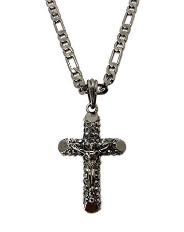 Pave Passion Crucifix Cross Jesus Pendant with 24" Figaro Chain Necklace - Hematite-Tone MSP158HE