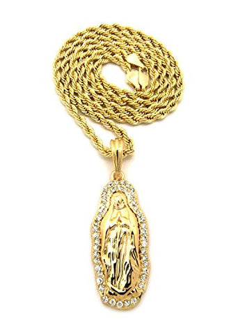 Pave Praying Jesus Pendant 3mm 24" Rope Chain Necklace in Gold-Tone