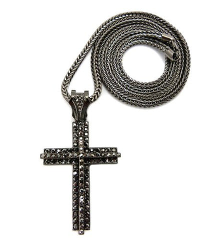 Iced Out Layered Hematite Tone Cross Pendant w/ 4mm 36" Franco Chain
