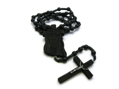 Jesus Face and Crucifix Cross Pendant Wood Rosary Necklace in Black-Tone
