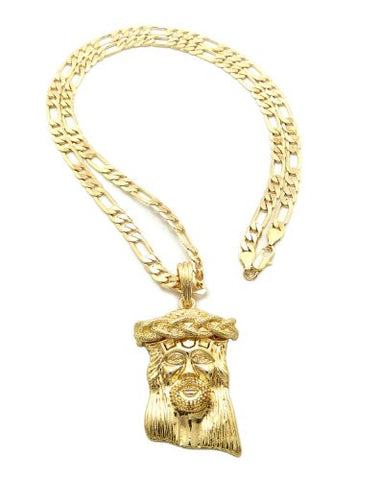 Crown of Thorn Jesus Gold Tone Pendant 5mm 24" Figaro Chain Necklace SP5G
