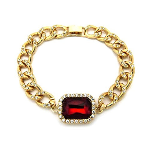 Faux Ruby Stone 8.75" Iced Out Chain Link Bracelet in Gold-Tone
