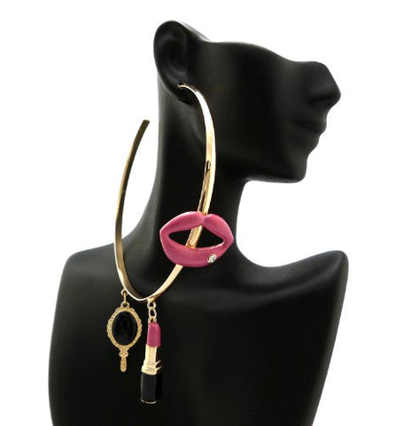 Gold/Pink Color Lips Cosmetics Charm Larze Size Hoop Earrings DE1126GDPNK