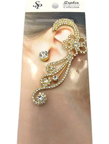 Filigree Flower Design Rhinestone Pave Ear Cuff with Stud Earring - Gold-Tone