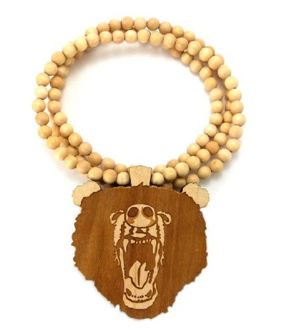 Roaring Bear Wood Pendant 36" Wooden Bead Chain Necklace in Natural-Tone WX72NL