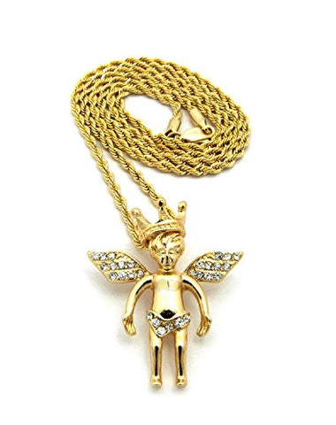 Pave Crown Angel Micro Pendant 3mm 24" Rope Chain Necklace in Gold-Tone