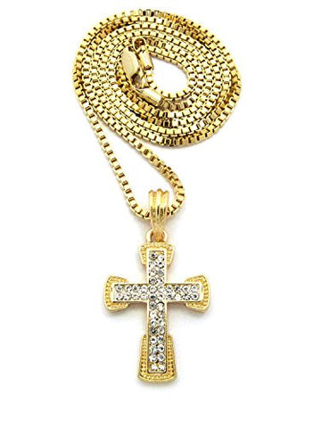 2 Row Rhinestone Pave Cross Pendant 2mm 24" Box Chain Necklace