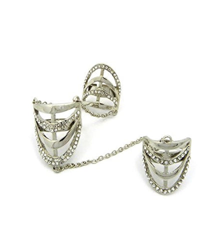 Women's Stone Studded Medieval Style Slave Chain Link Finger Rings in Silver-Tone