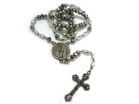 Round St. Mary Charm with Jesus Cross Pendant 40" Rosary Necklace RO46B