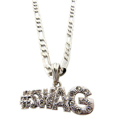 Iced Out #SWAG Micro Pendant w/ 24" Figaro Chain in Silver Tone MSP281R
