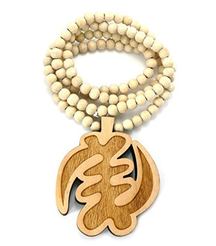 NYAME YE OHENE God is King African Symbol Wood Pendant Wooden Bead Necklace in Natural WJ129NL