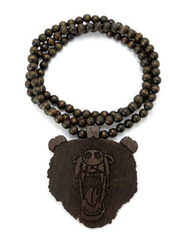 Roaring Bear Wood Pendant 36" Wooden Bead Chain Necklace in Brown-Tone WX72BRN