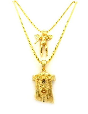 Jesus & Angel Plain Micro Pendants Multi-Chain Necklace Set - Gold Tone RC337G