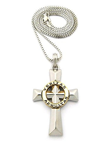 Polished Gold-Tone Veritas Aequitas Pendant 2mm 24" Box Chain Necklace in Silver-Tone