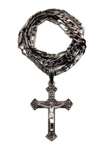 Hematite Tone Crucifixion Cross Charm 5mm 24" Figaro Chain MSP328HE