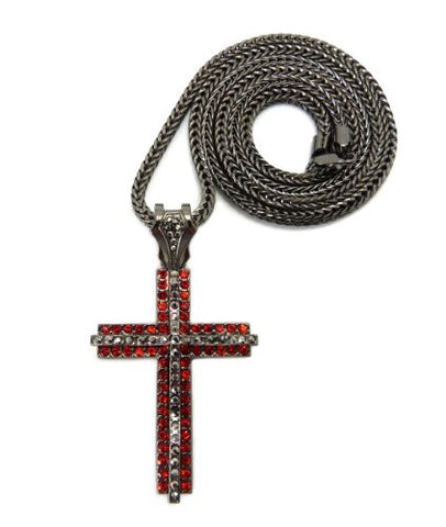 Iced Out Layered Hematite/Red Tone Cross Pendant w/ 4mm 36" Franco Chain