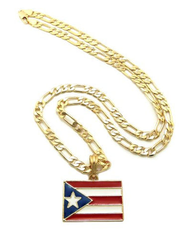 Puerto Rico Flag Pendant with 5mm 24" Figaro Chain Necklace - Gold-Tone