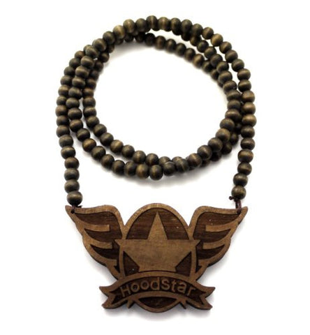 Hoodstar Wood Pendant 36" Wooden Bead Chain Necklace in Brown-Tone WJ193BRN
