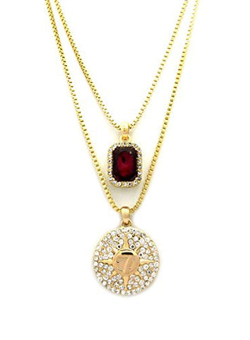 Pave Faux Ruby Stone & Iced Out 5 Percenter Medal Pendant Set 2mm 24" & 30" Box Chains in Gold-Tone