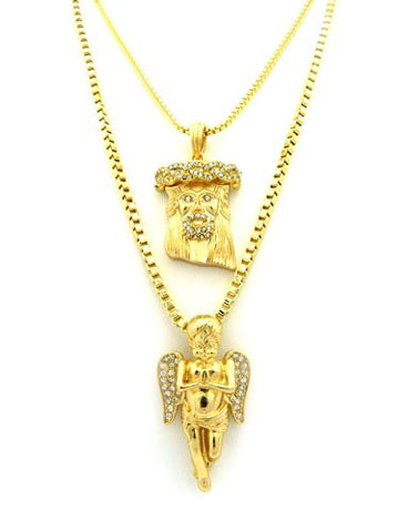 Jesus & Cherub Pave Micro Pendants w/ Multi-Length Box Chains - Gold Tone RC311G