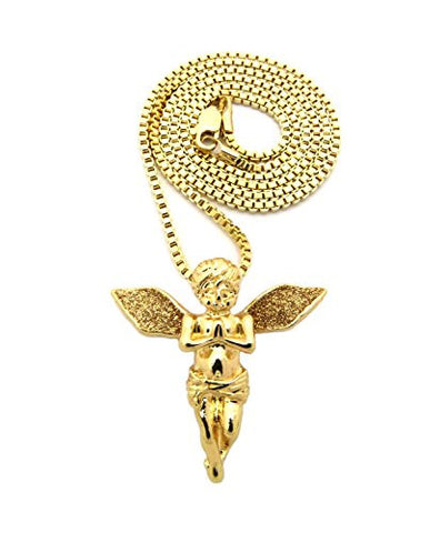 Gold-Tone Dust Extended Wing Praying Angel Pendant w/ 2mm 24" Box Chain Necklace