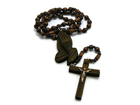 3D Praying Hands and Crucifix Cross Pendant Wood Rosary Necklace