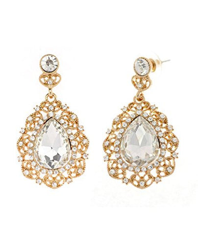 Women's Filigree Clear Teardrop Stone Dangling Earrings in Gold-Tone