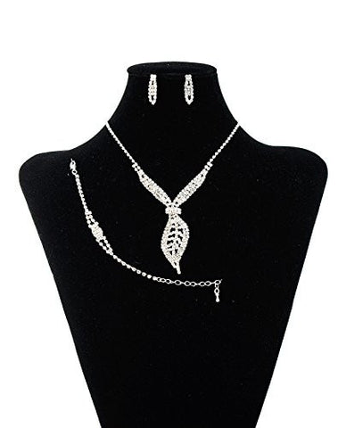 Rhinestone Studded Leaf Pendant Necklace, Earrings, & Bracelet Jewelry Set in Silver-Tone