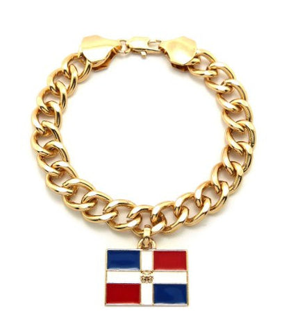 Dominican Republic Flag Pendant 10mm 7" Link Chain Bracelet in Gold-Tone