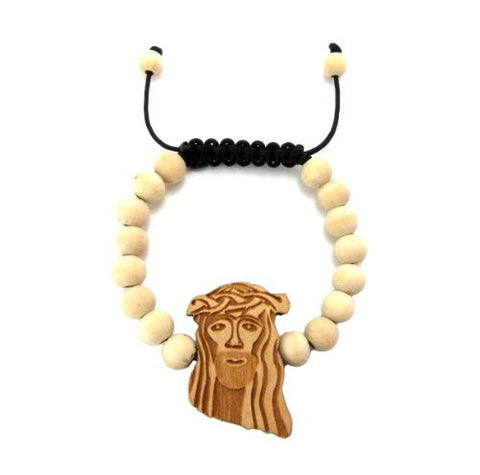 Wooden Jesus Pendant Wood Bead Chain Bracelet in Natural-Tone WB13NL