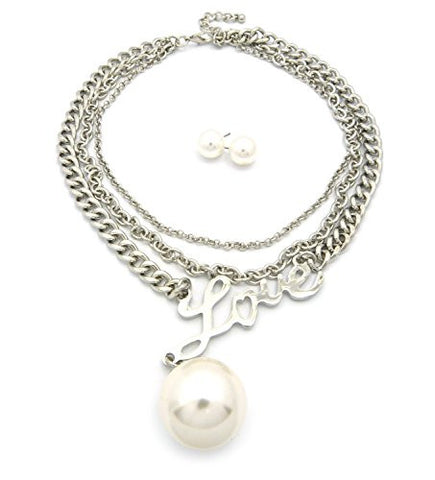 Love Pendant Faux Pearl Accent Multi-Strand Link Chain Necklace with Earrings in Silver-Tone NEQ13R