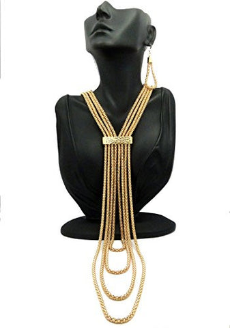 Women's Multi Length 4 Strand Y-Shape Necklace and Dangle Earrings Set in Gold-Tone